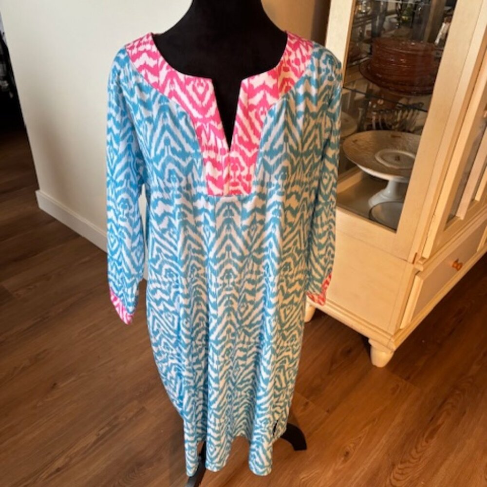 Caribbean Joe Blue White Abstract Print Pink Trim UPF 50 Dress 3/4 Sleeve NWT XL